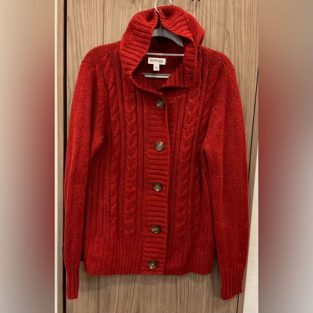St John’s Bay Womens Button Up Red Hooded Sweater Size L